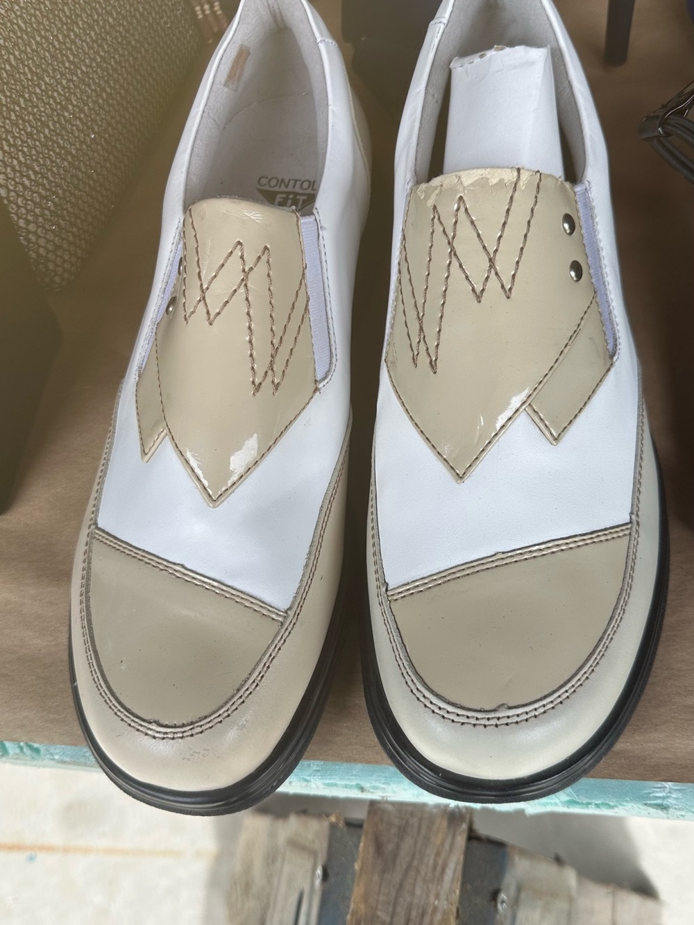 Women's White and Beige Slip-On Athletic golf shoes